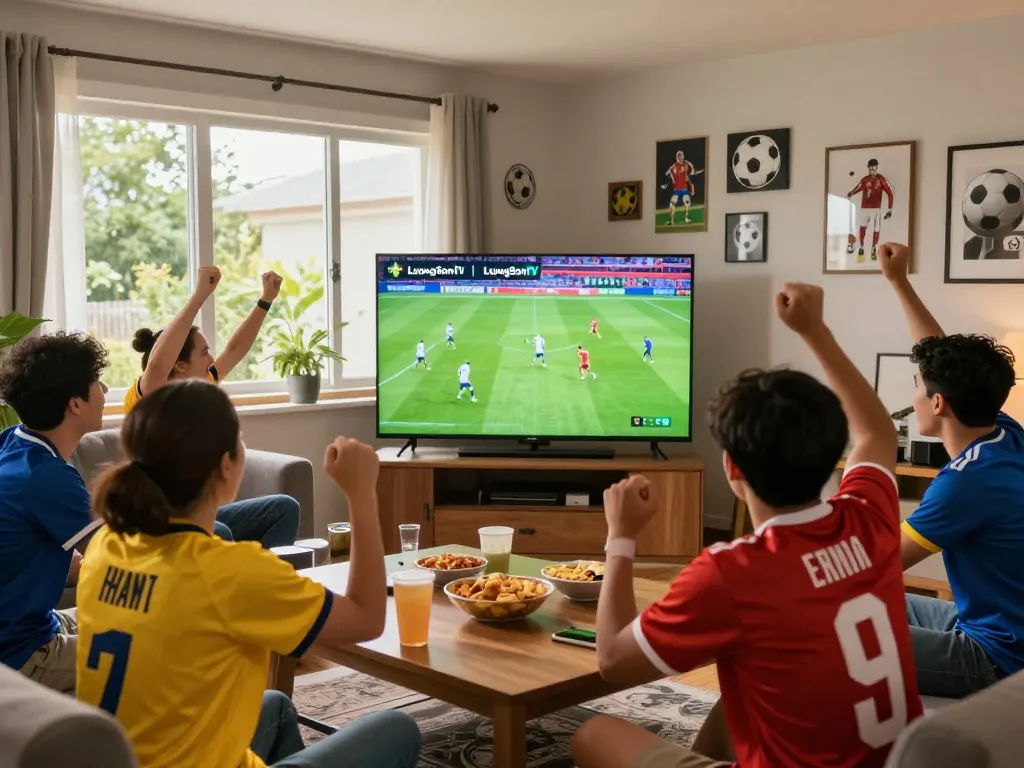 Fans enjoying a thrilling match on LuongSonTV in a lively living room.