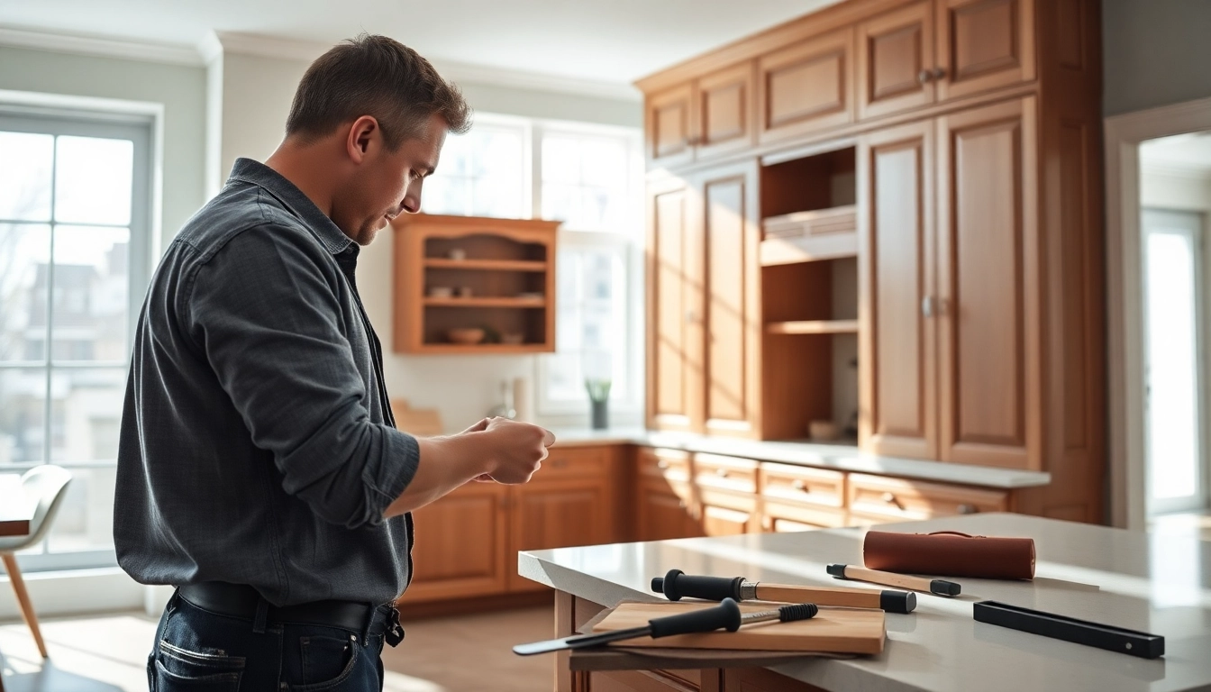 Craftsman expertly installing cabinetry in a modern kitchen, showcasing detailed woodwork.