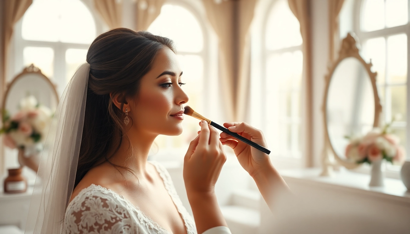 Wedding makeup artist beautifying a bride in a serene bridal suite with elegant touches.