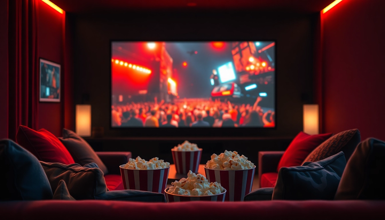 Watch movies online in a cozy home theater with vibrant visuals and inviting atmosphere.