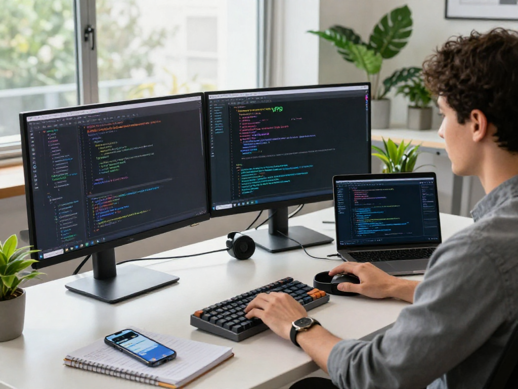 Configuración moderna de trabajo con servidores VPS en oficina, desarrollador programando en monitores.