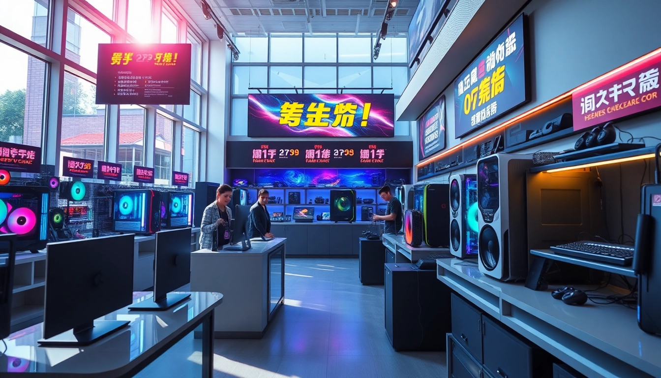 最新の電子機器店の魅力的なシーンで、ゲームPCやアクセサリーに関するドスパラクーポンプロモーションを紹介しています。