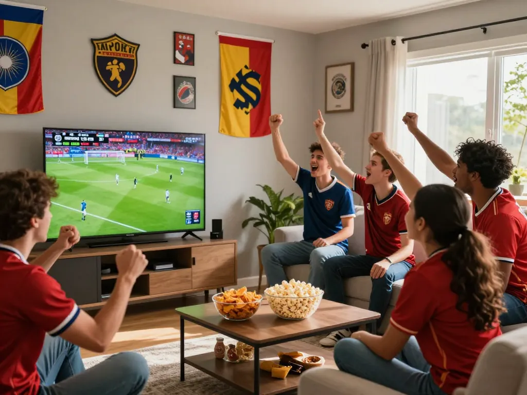 Cakhiatv fans cheering for their team in a lively living room during a big football match.