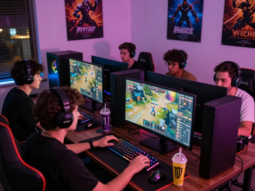 Intense multiplayer match on ligasedayu.com with diverse players at high-end gaming setups and vibrant atmosphere.