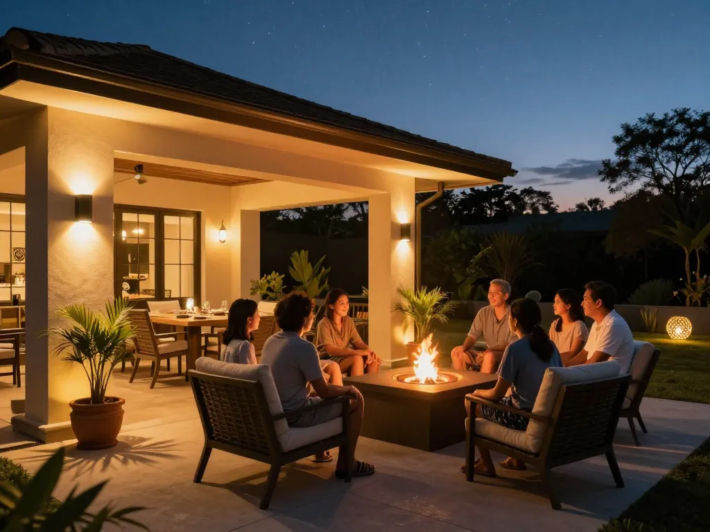 Dusk to dawn outdoor lights brightening an inviting patio with family gathered by the fire pit.