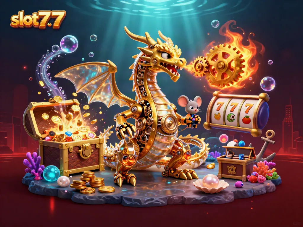 Slot777 menampilkan ilustrasi 3D kasino dengan naga emas dan simbol slot menarik, menambah kegembiraan permainan.