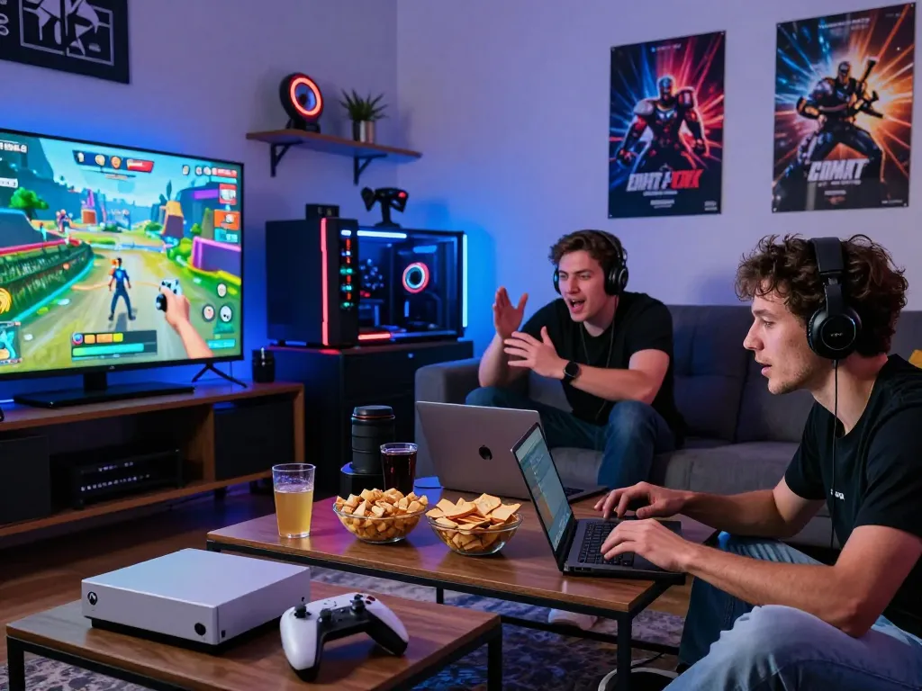 Friends enjoying autowin88 online gaming session with snacks in a vibrant living room.