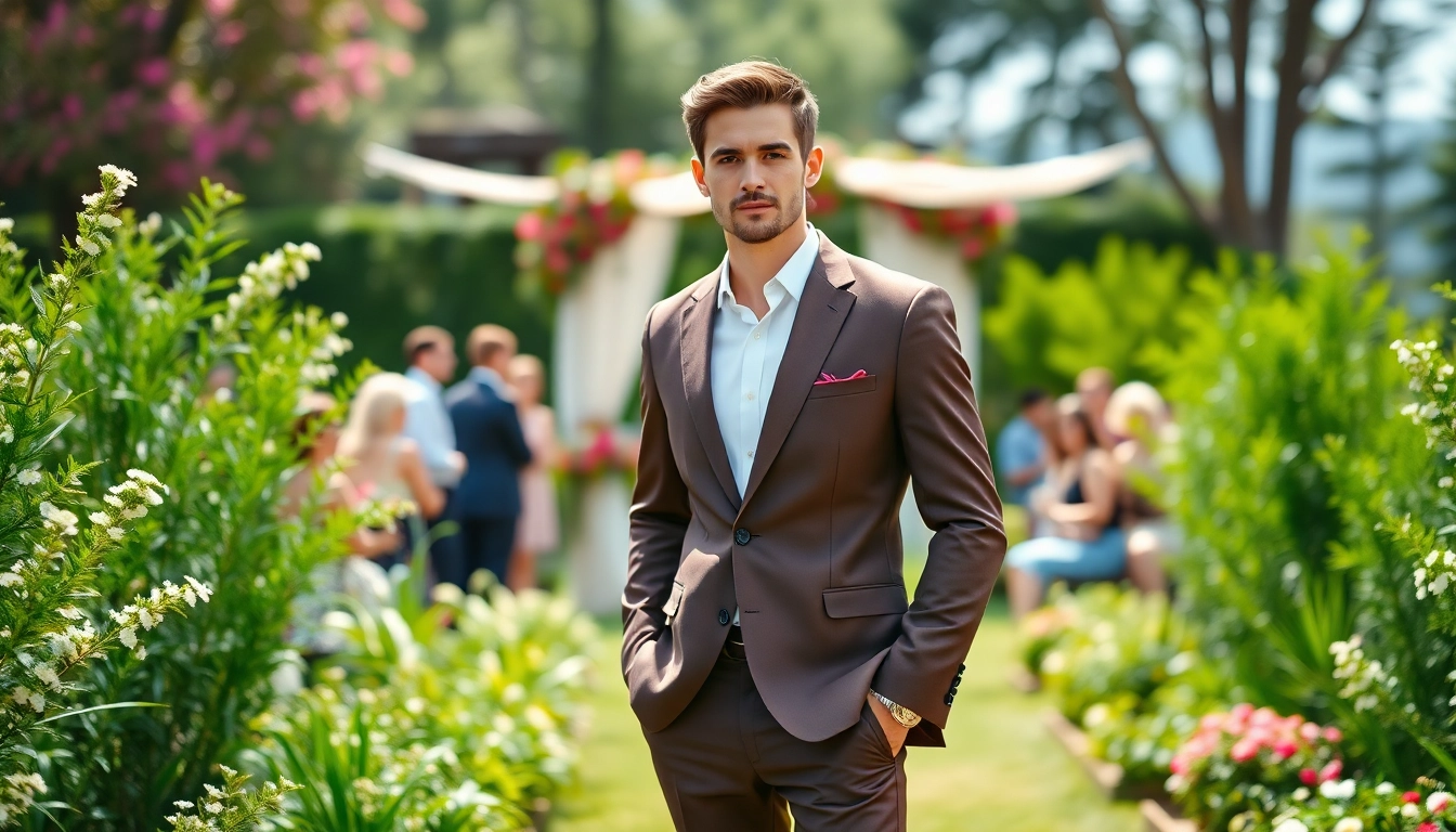Showcase designer menswear in a stylish outdoor wedding setting, highlighting elegance and sophistication.