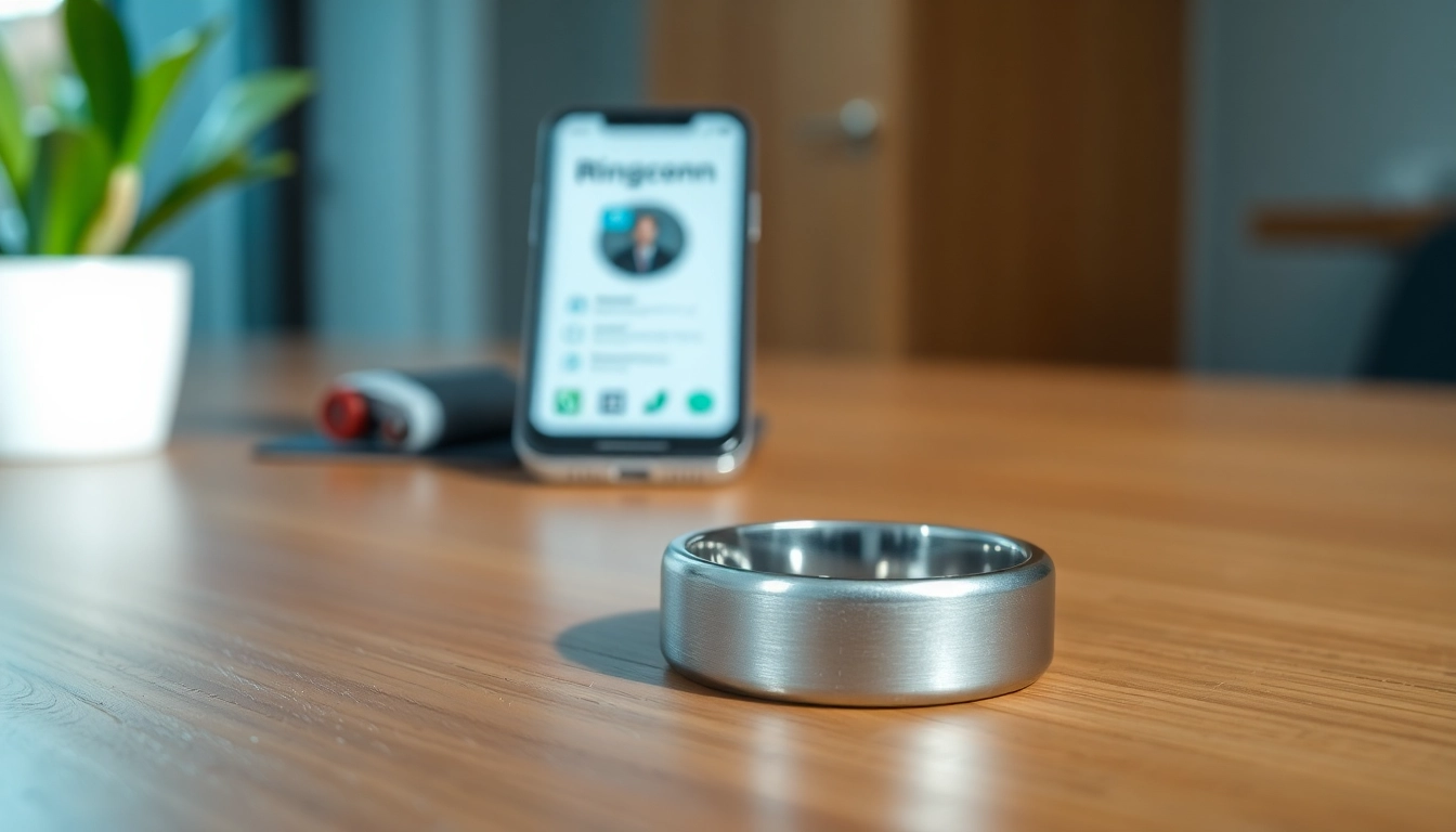 Showcasing the Ringconn smart ring on a table with a smartphone displaying its app features.