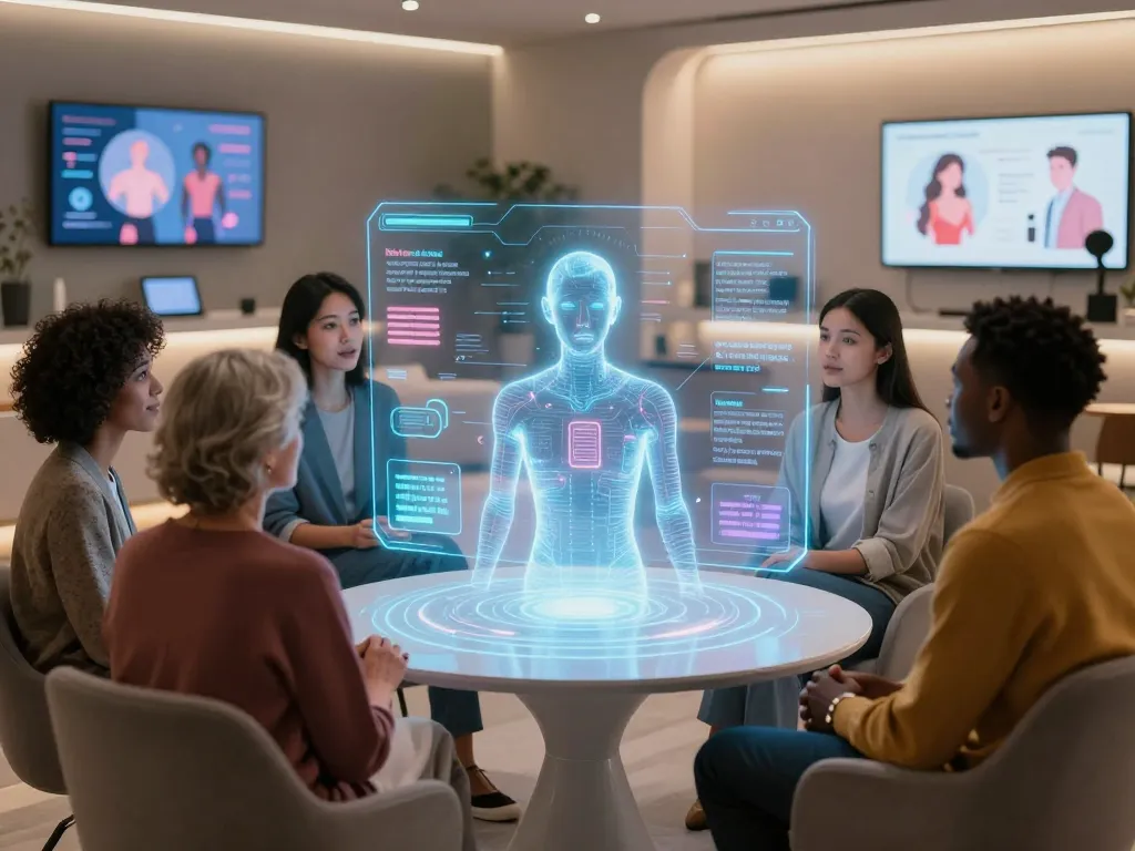 Engaging scene of individuals discussing sexual health with AI technology, showcasing the concept of sex ai in a modern, inclusive setting.