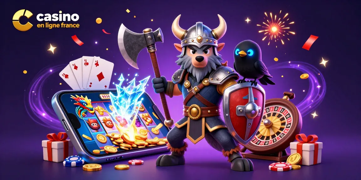Jeu de casino en ligne France: guerrier loup, dragon et effet magique avec des éléments de casino.