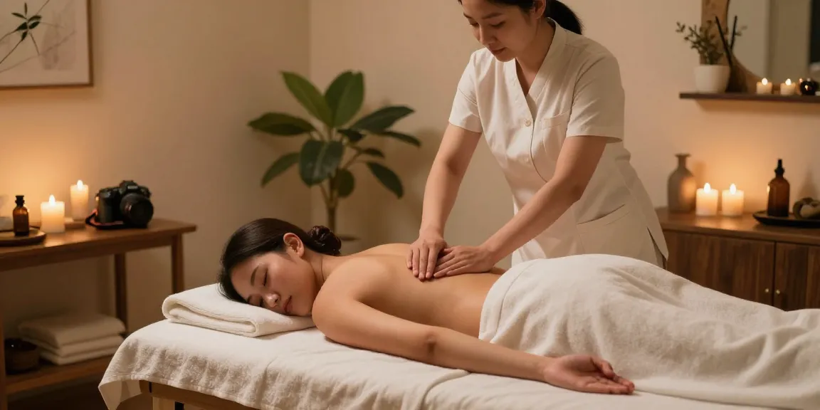 마사지 테라피스트가 아로마 마사지 중인 편안한 스파 환경