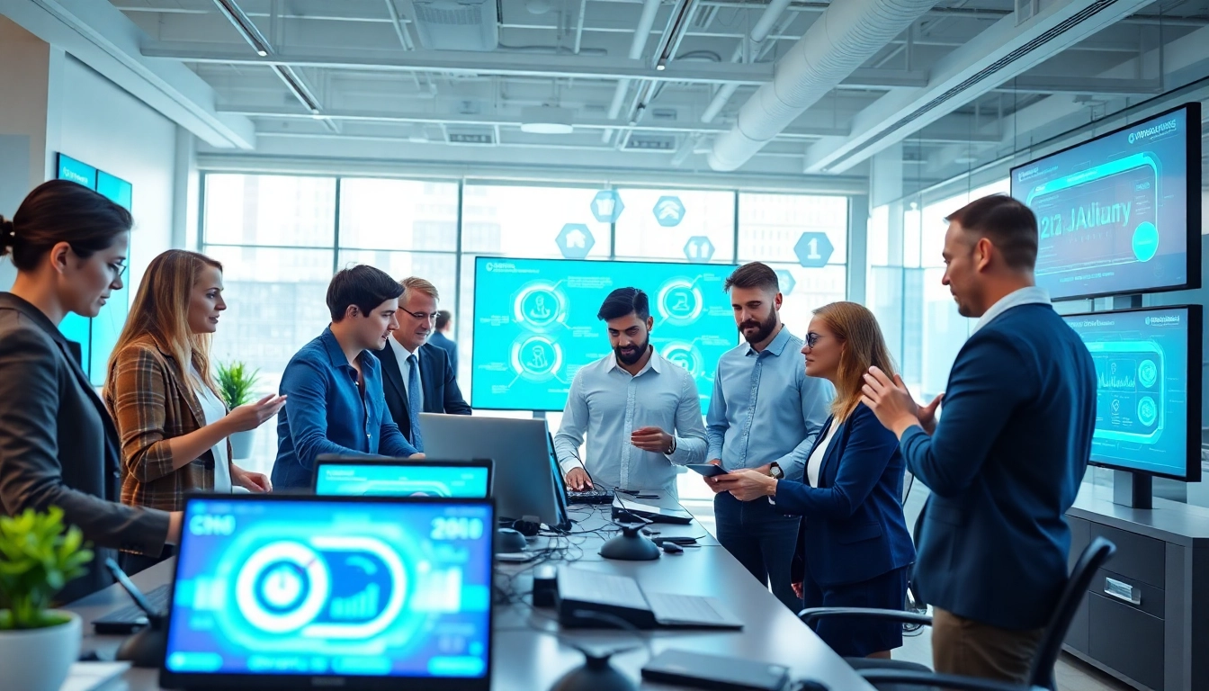 Collaborative scene at an AI powered warranty company with diverse employees and technology.