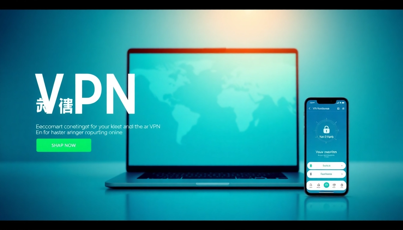 快连下载 VPN 应用界面在笔记本电脑与智能手机上显示，象征全球互联与安全。