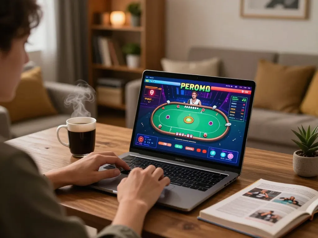 Engaging home gaming setup with TG88 online poker interface showcasing strategy and focus during gameplay