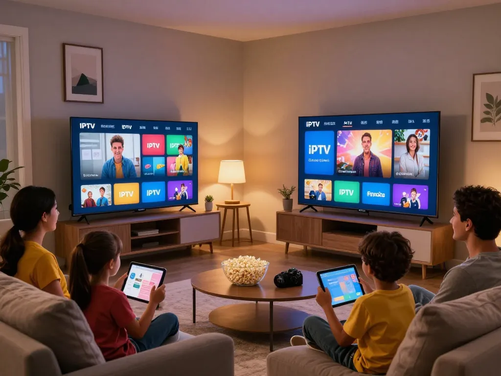 Gezin geniet samen van IPTV kopen in een gezellige woonkamer met Smart TV.