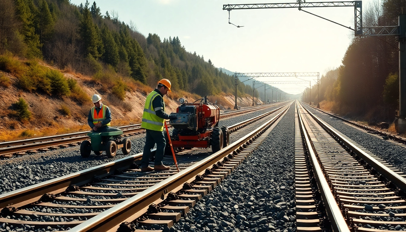 Engineers at a Ratilroad Track Construction Compary site collaborating on track installation.