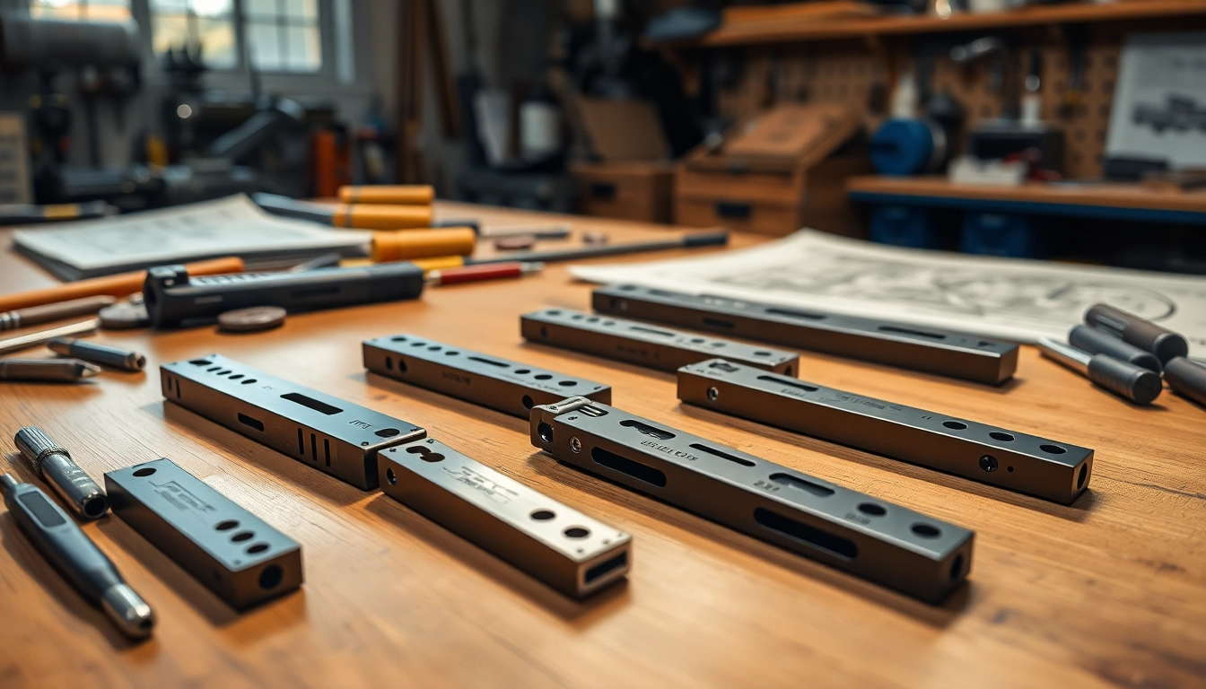 Showcasing glock slides with unique designs and precision craftsmanship in a workshop setting.