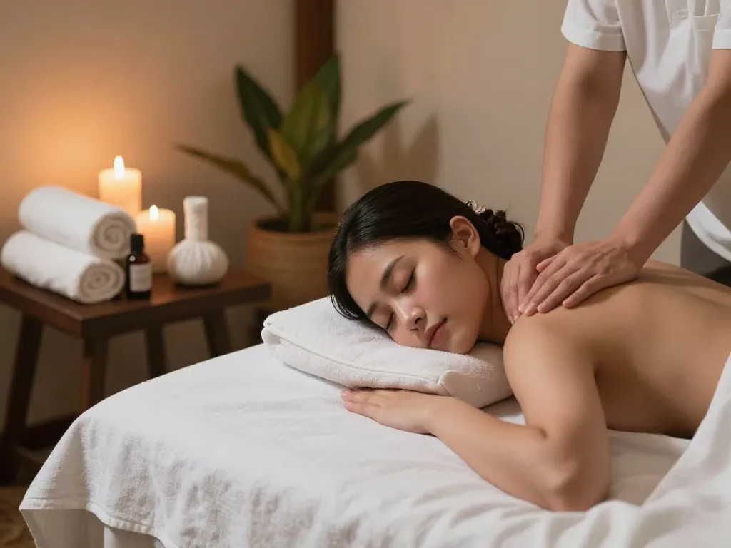 A soothing atmosphere for 부천 출장마사지 with a calm woman receiving a Thai massage at home.