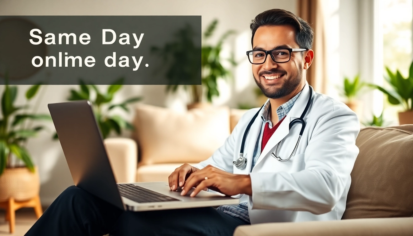 Facilitating a same day online doctor visit with a friendly doctor on a laptop in a warm home setting.