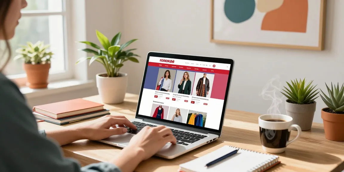 Engaging e-commerce shopping scene featuring rokok88 merchandise on a laptop in a stylish home workspace.