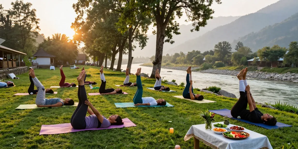 Participants engaged in a yoga session at the best yoga retreat in Rishikesh, surrounded by nature and Ayurvedic elements.