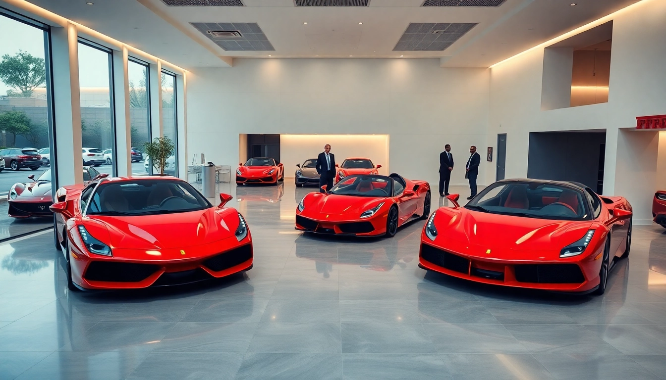 View of the Ferrari Johannesburg showroom featuring luxury cars and an upscale interior.