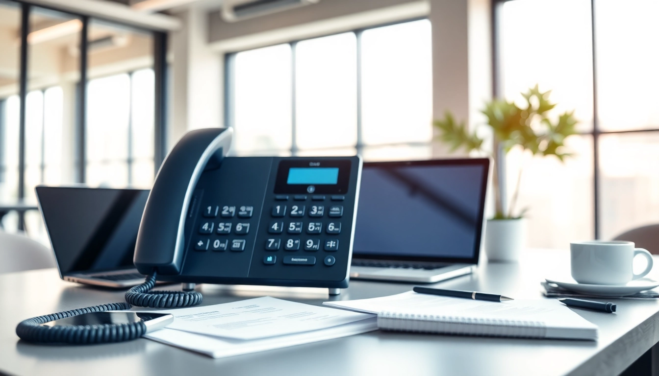 Showcase of a business phone systems unit in a professional office, emphasizing modern features