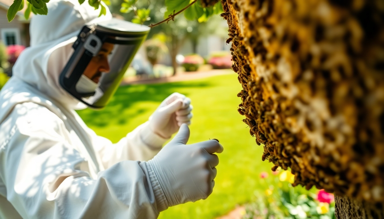 Professionals providing a bee removal service safely extract a hive from a tree.