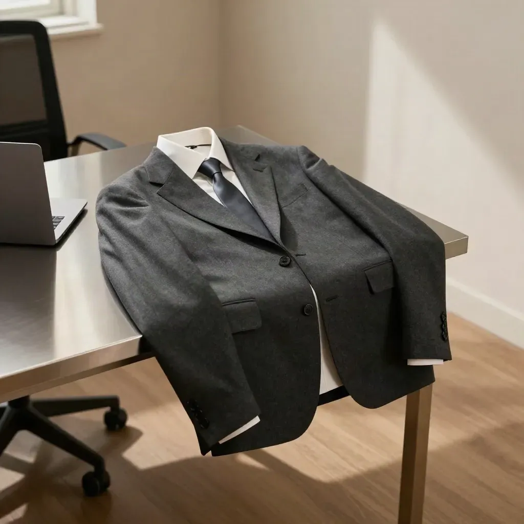 Charcoal suit pieces and a closed laptop beside a steel desk in warm office light.