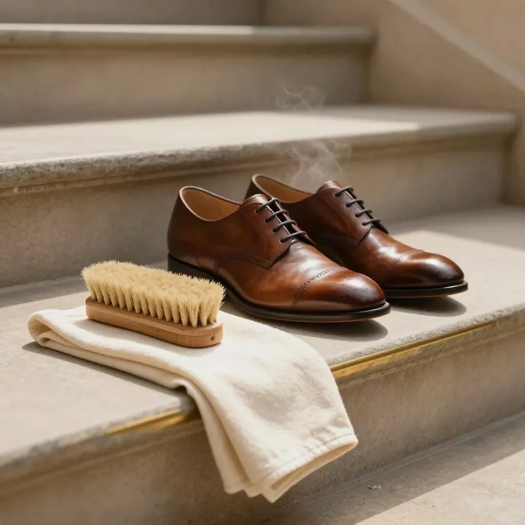Polished brown derby shoes with cedar trees on a sunlit stone stair landing