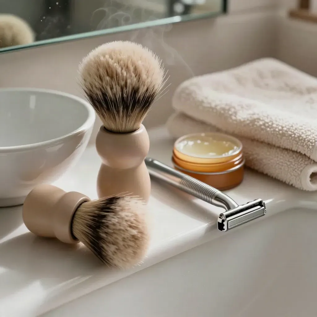 Shaving brush, razor, balm tin and bowl on a sink edge with steam after a hot shower.