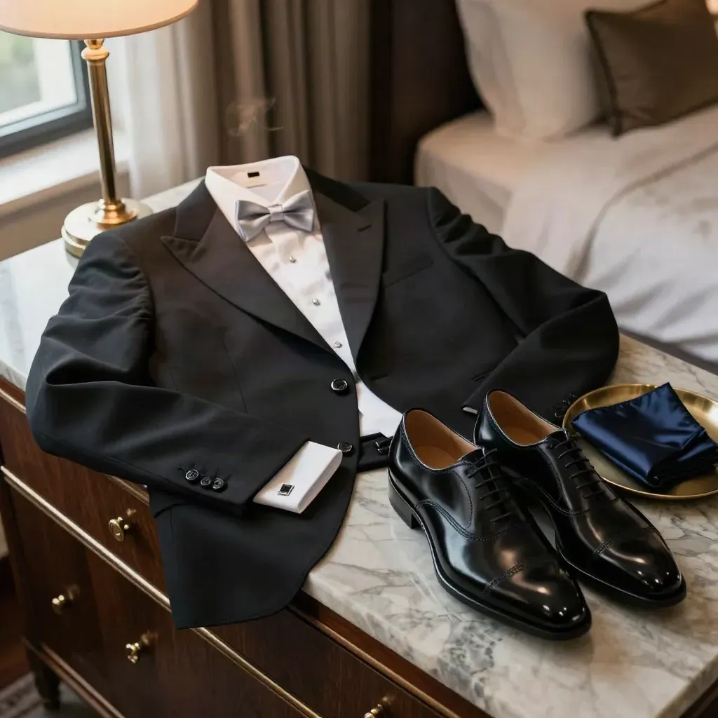 Tuxedo pieces laid out on a marble hotel dresser before a formal evening.
