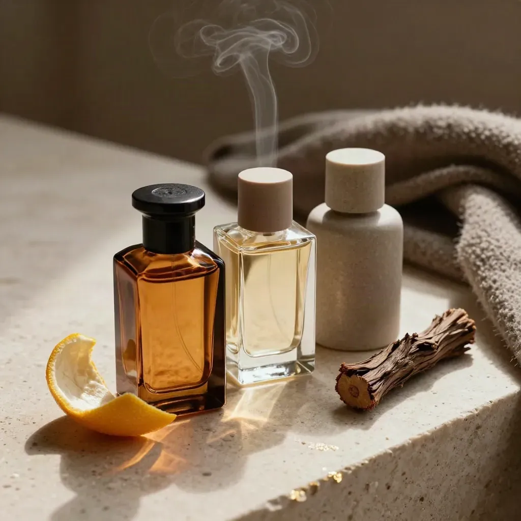 Three fragrance bottles with citrus peel, cedar twig, and scarf on travertine