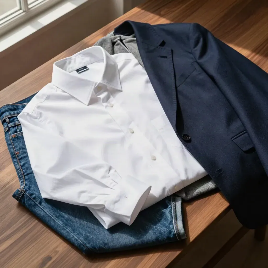 Top-down flat lay of a white shirt, denim, wool layer, and navy blazer on walnut wood