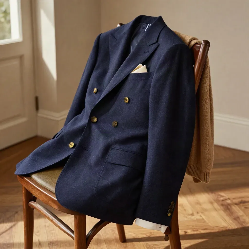 Navy blazer with brass buttons and camel knit draped over a chair in warm window light