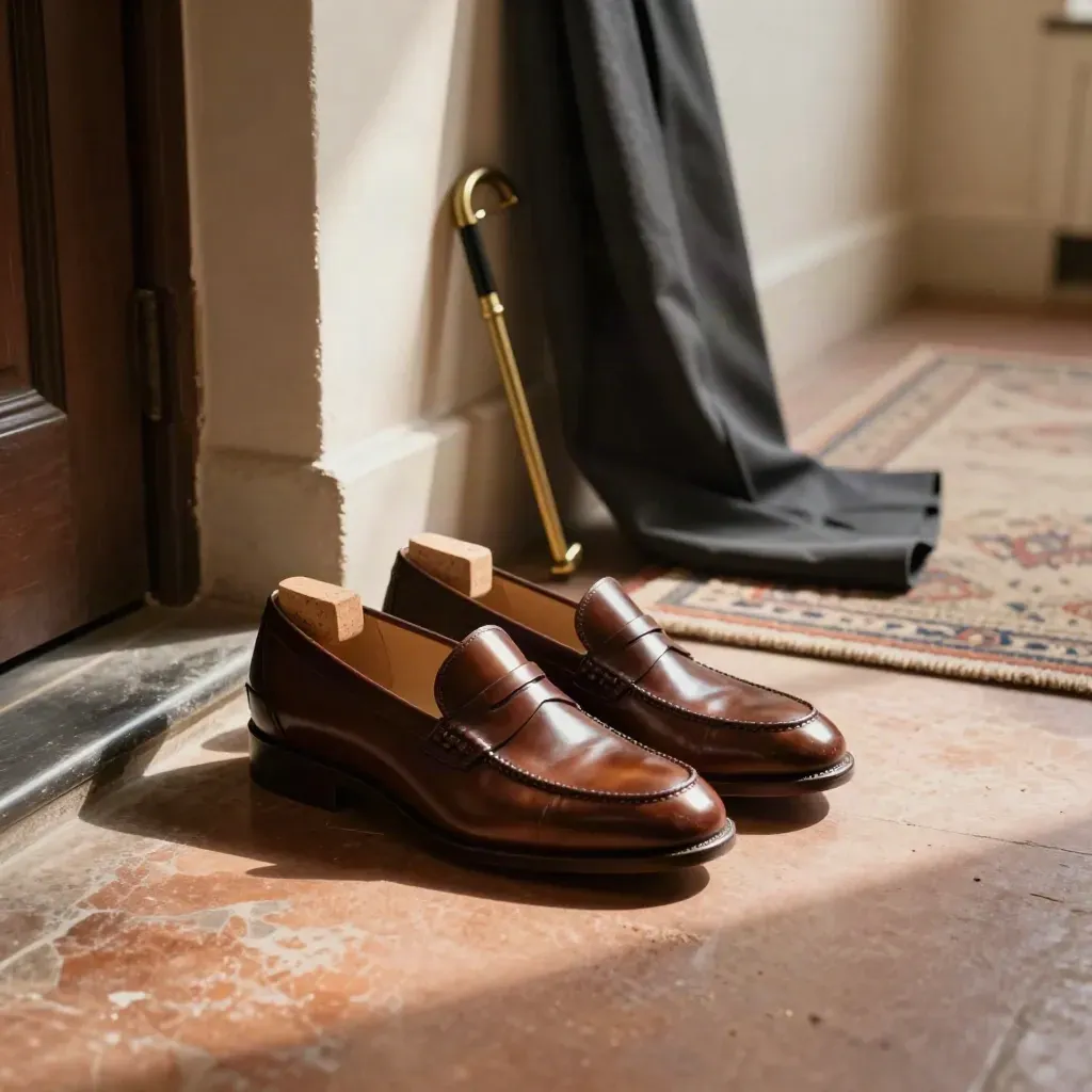 Polished brown loafers with cedar shoe trees and trousers at a doorway threshold