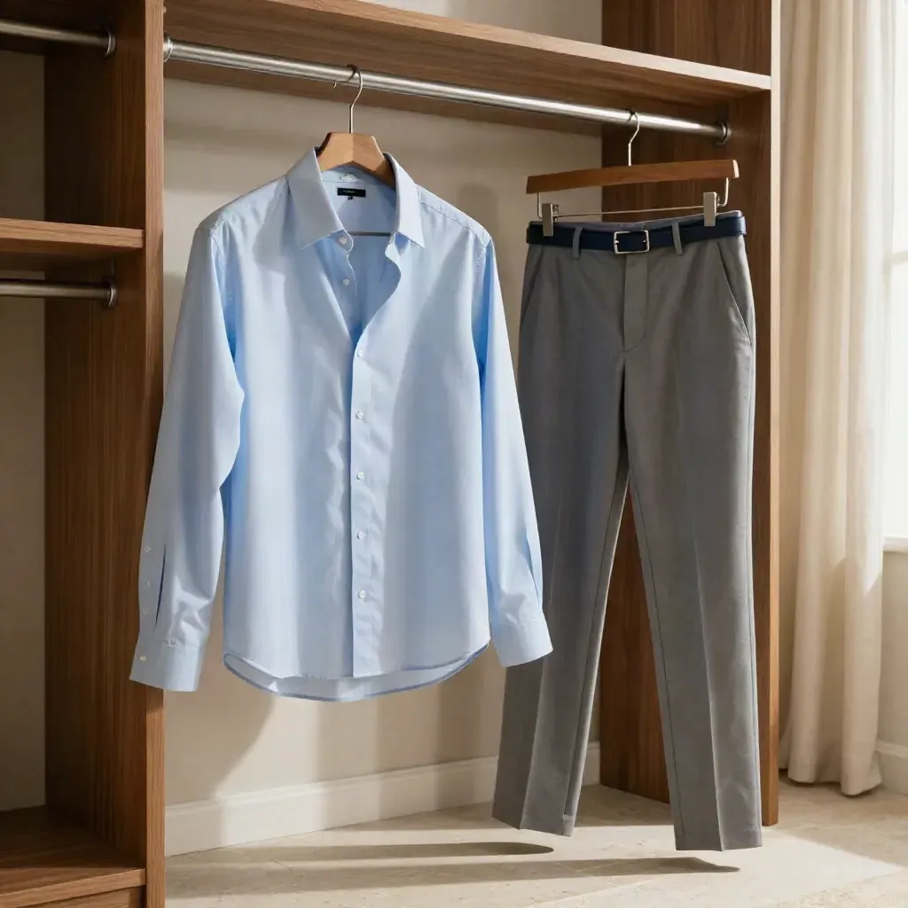 Blue oxford shirt and pressed trousers in a sunlit dressing room