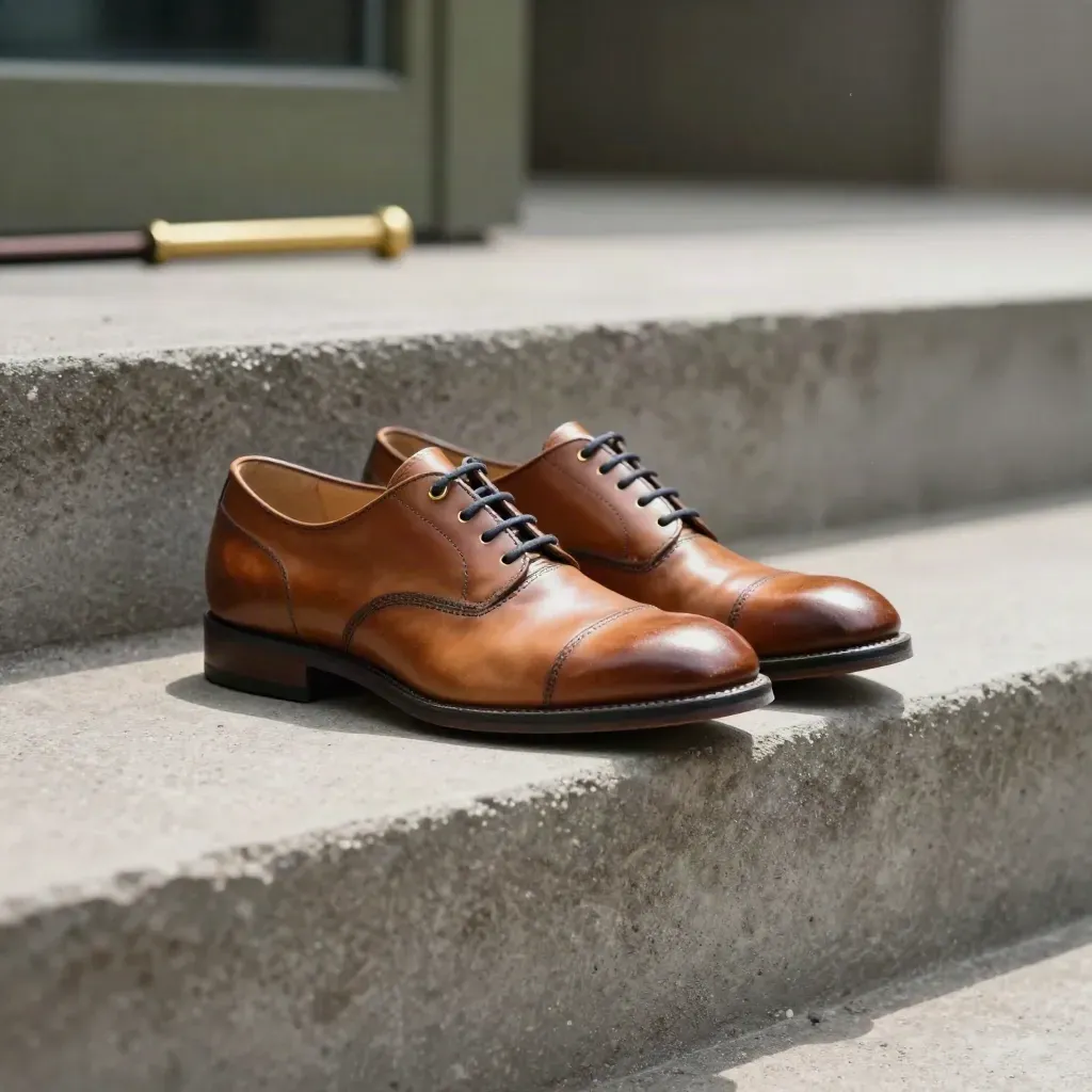 Burnished derby shoes on a sunlit concrete stair landing with dust in the light.