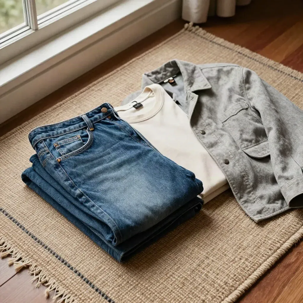 Overhead of denim, tee, overshirt, and canvas jacket settling on a wool rug by a window.