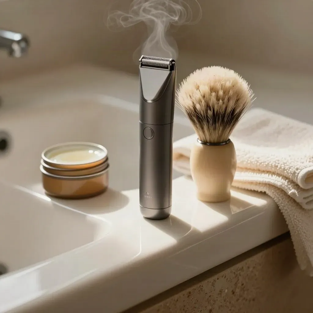 Beard trimmer, brush, bowl, balm tin, and towel on an ivory sink ledge