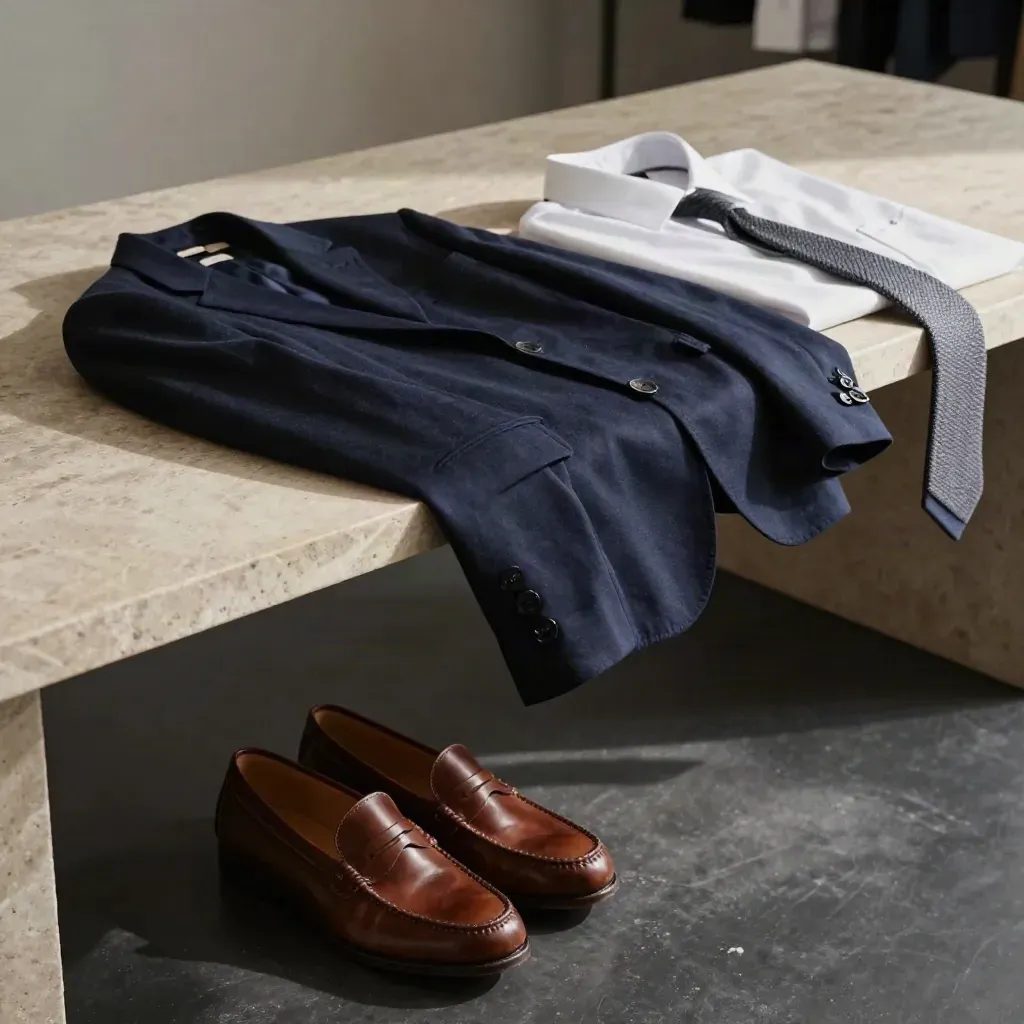 Loafers, navy blazer, white shirt and knit tie on a stone table in dramatic evening light