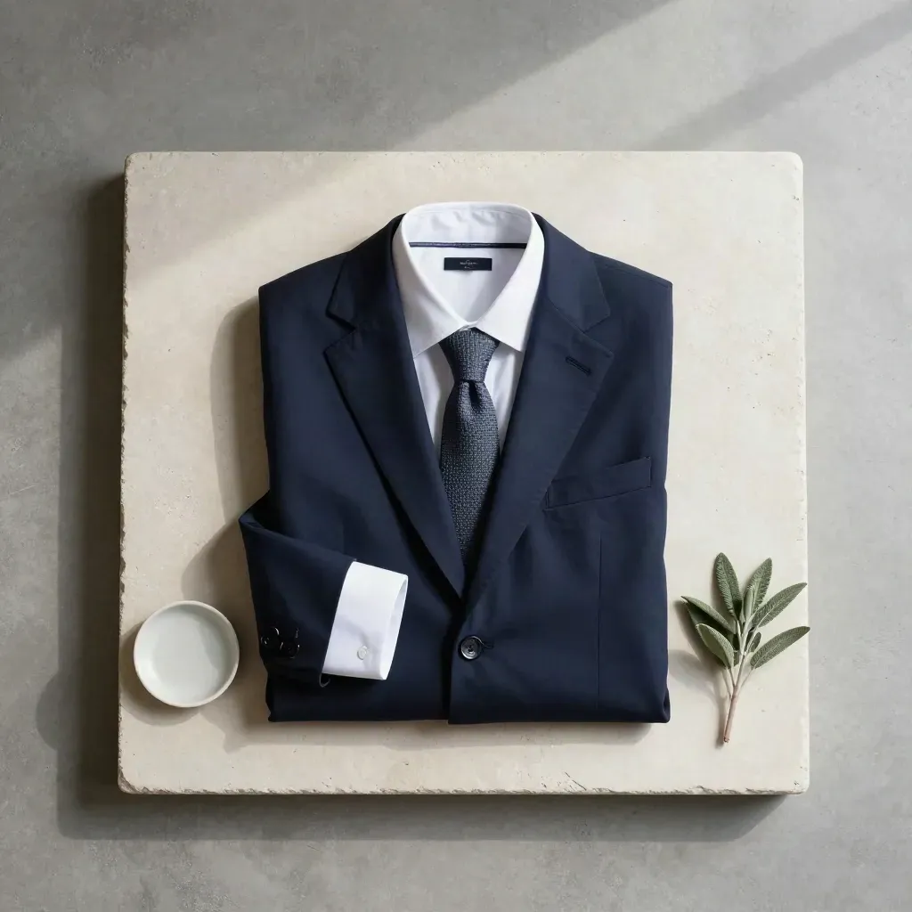 Flatlay of a folded navy blazer, shirt cuff, knit tie, ceramic dish and tiny plant on pale stone.