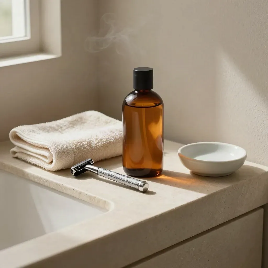 Amber grooming bottle, razor, towel and soap dish on a pale stone vanity in soft bathroom light.