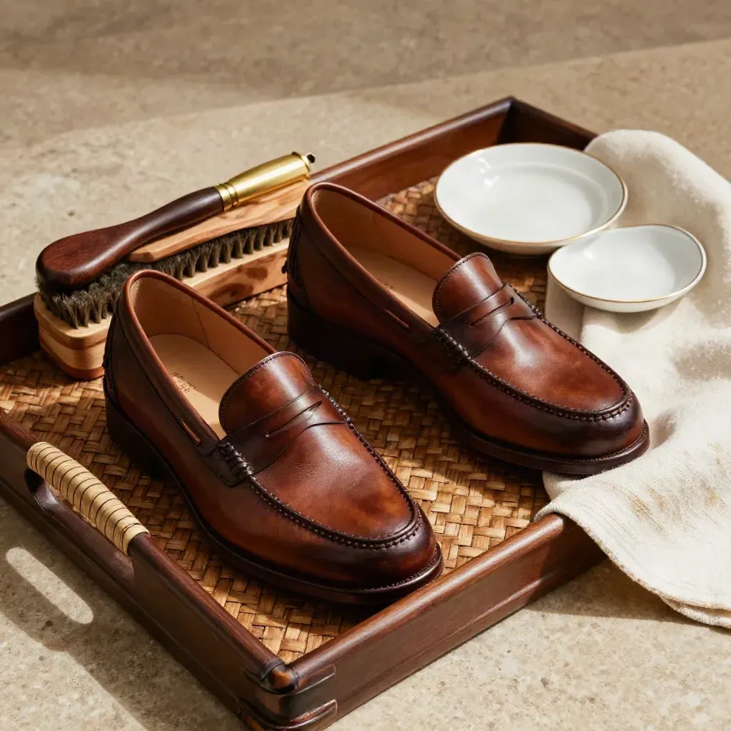 Brown loafers with brush, cedar block, and ceramic dish on a woven tray, softly lit overhead.
