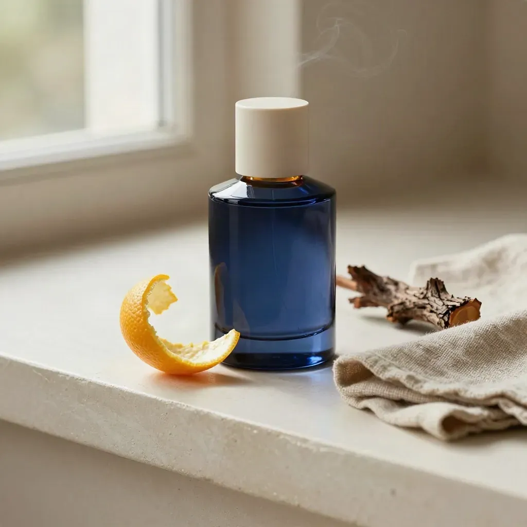 Fragrance bottle with citrus peel, cedar sprig, and folded linen on a pale plaster ledge.