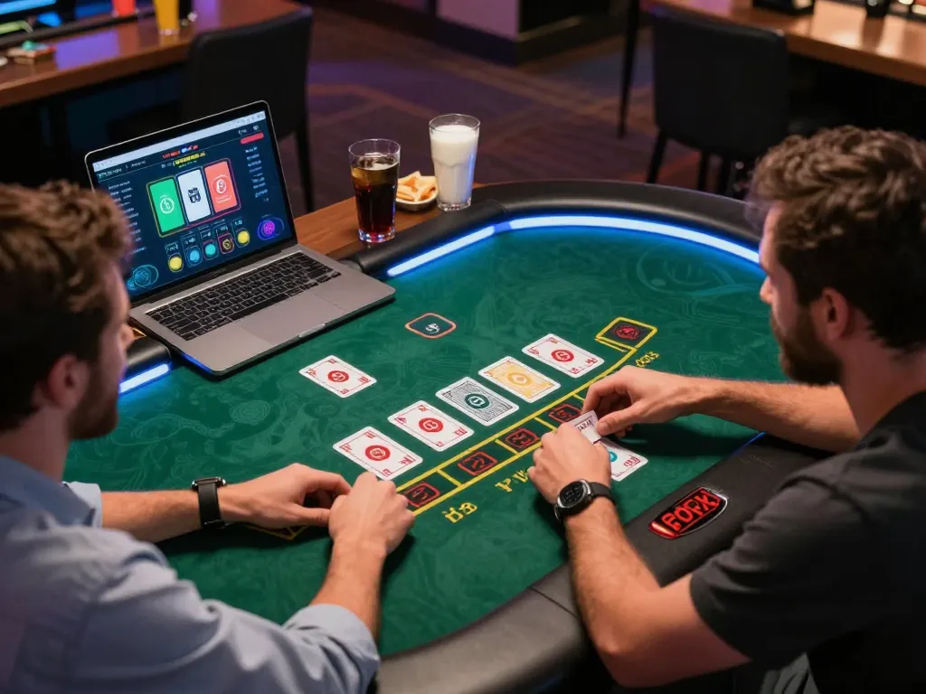 Pemain Bintangmpo merencanakan strategi selama permainan blackjack yang intens di suasana kasino online yang stylish