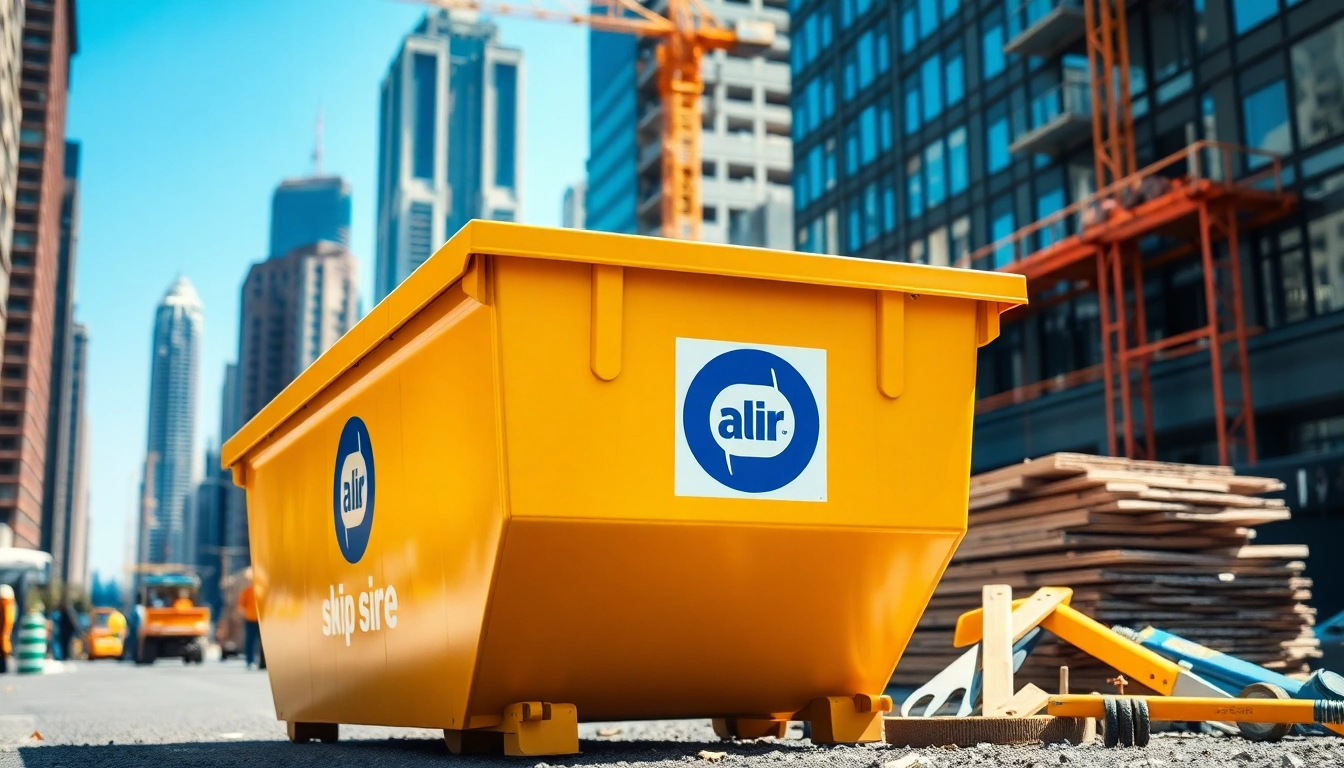 Efficient Monster Skips enhancing construction sites in a vibrant urban setting.