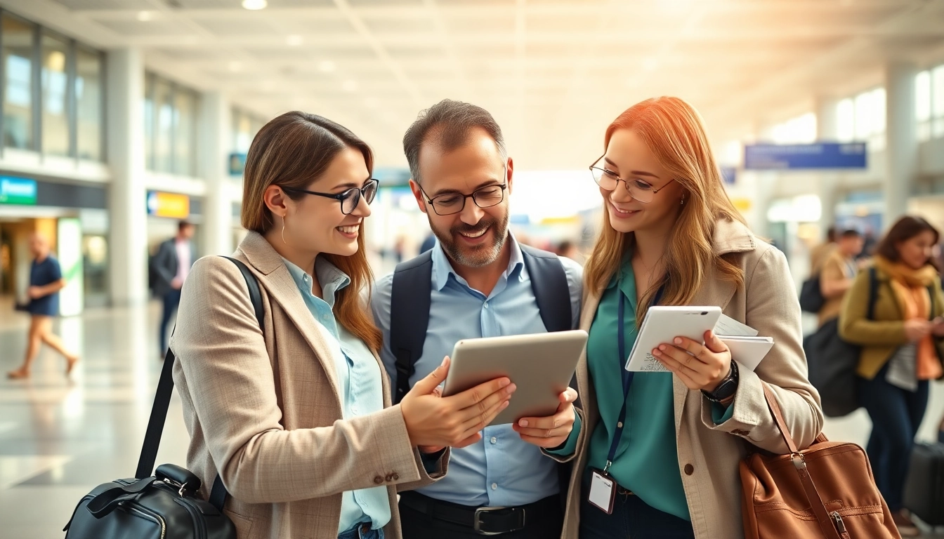 Exploring flight insurance options with travelers in a vibrant airport setting.