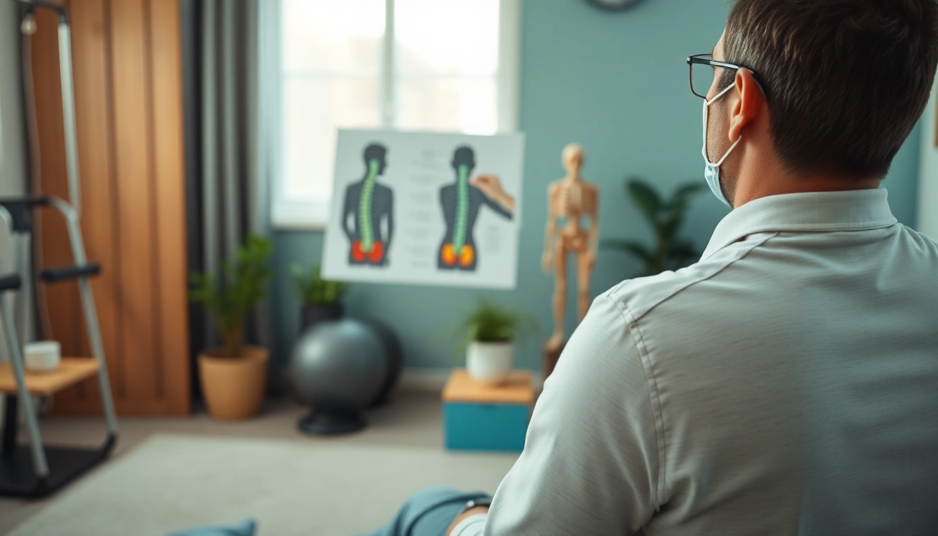 Therapist showcasing back pain remedies to a patient in a calming clinic setting.